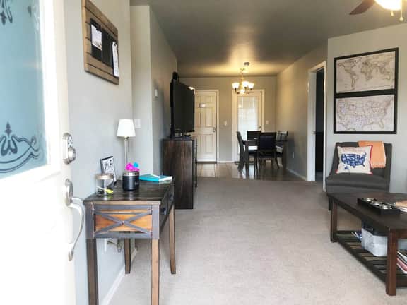 Entry view showing open living and dining areas.