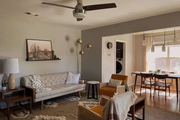View of the living and dining room.